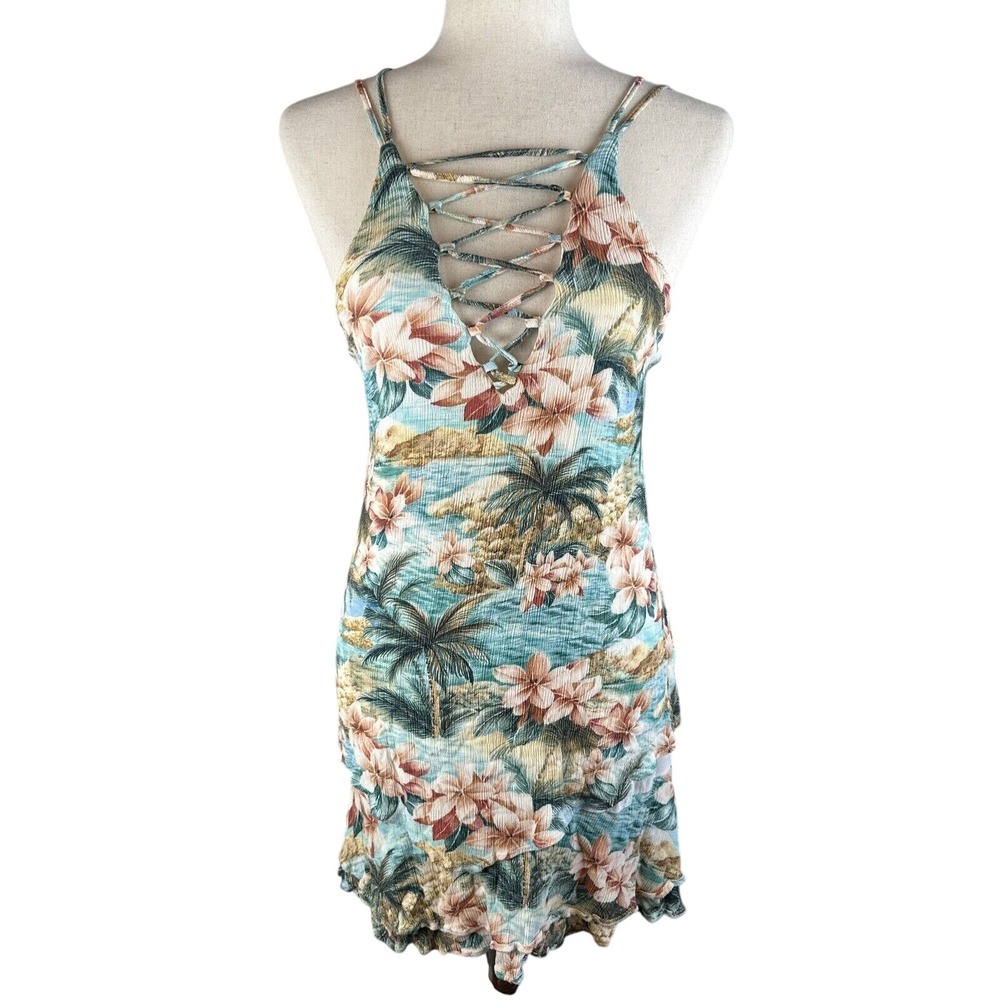 Farm Rio Mini Ruffle Sun Dress Size S Tropical Hawaiian Strappy Front Beach